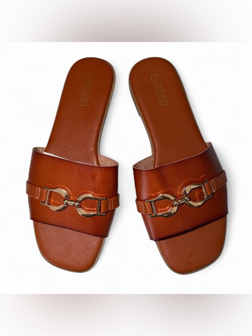RIHERO Leather Slide Sandals in Brown with Gold Hardware